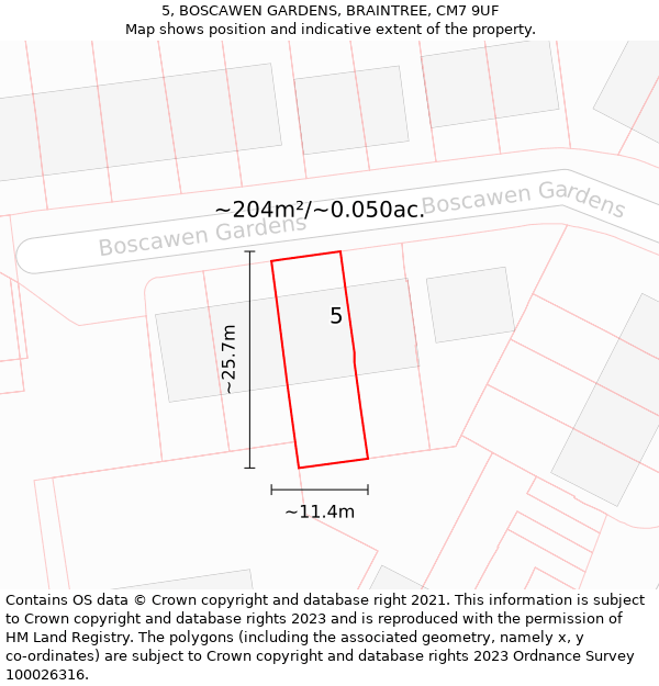 5, BOSCAWEN GARDENS, BRAINTREE, CM7 9UF: Plot and title map