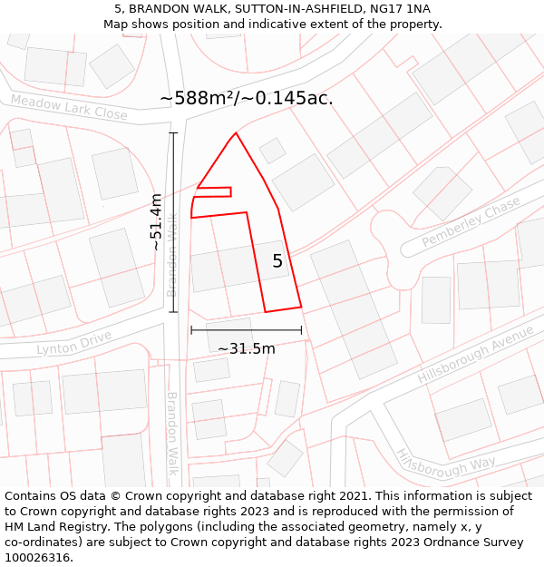 5, BRANDON WALK, SUTTON-IN-ASHFIELD, NG17 1NA: Plot and title map