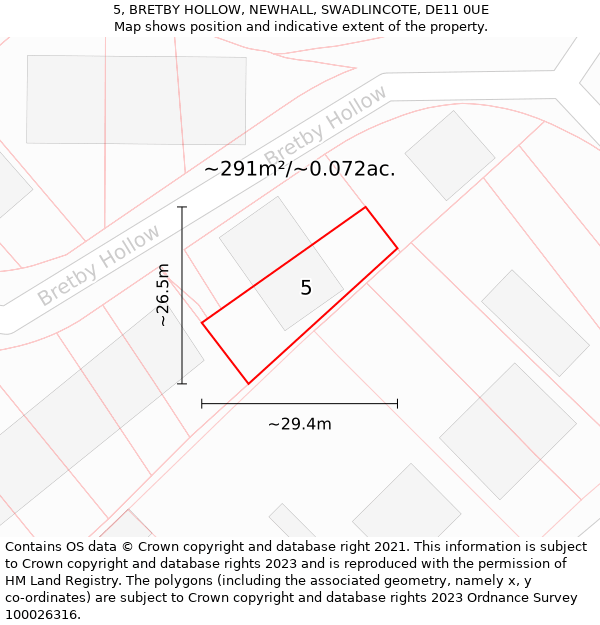 5, BRETBY HOLLOW, NEWHALL, SWADLINCOTE, DE11 0UE: Plot and title map