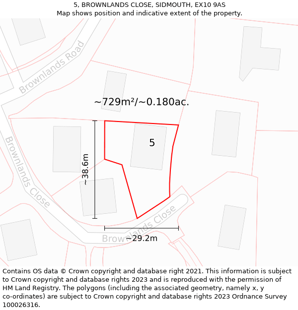 5, BROWNLANDS CLOSE, SIDMOUTH, EX10 9AS: Plot and title map