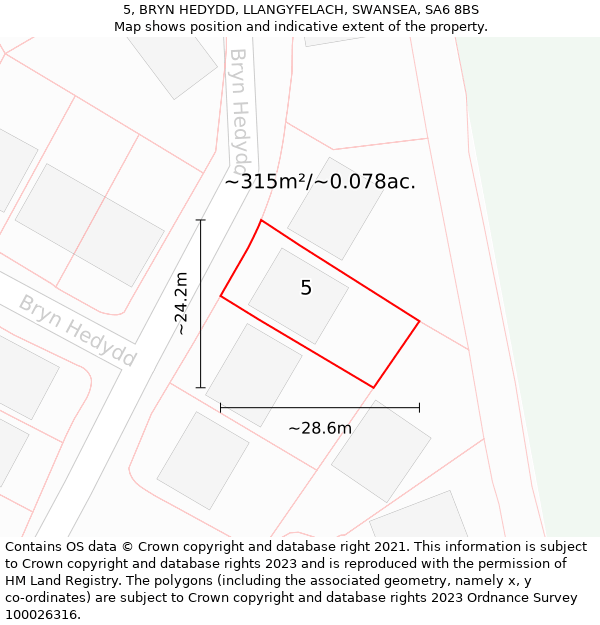 5, BRYN HEDYDD, LLANGYFELACH, SWANSEA, SA6 8BS: Plot and title map