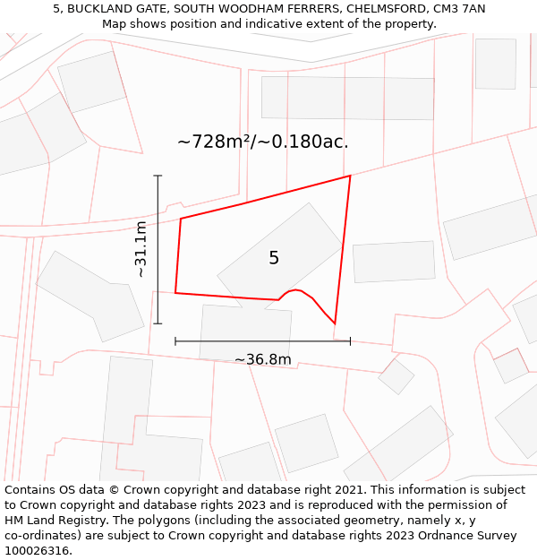 5, BUCKLAND GATE, SOUTH WOODHAM FERRERS, CHELMSFORD, CM3 7AN: Plot and title map