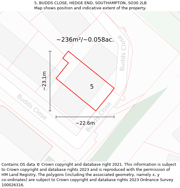 5, BUDDS CLOSE, HEDGE END, SOUTHAMPTON, SO30 2LB: Plot and title map