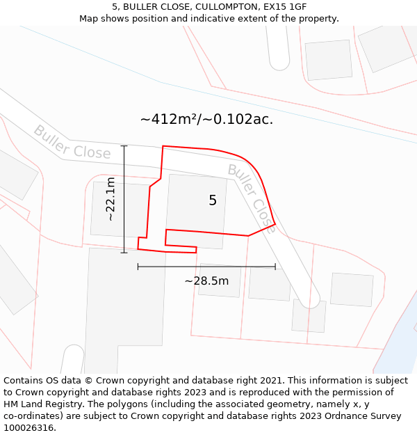 5, BULLER CLOSE, CULLOMPTON, EX15 1GF: Plot and title map