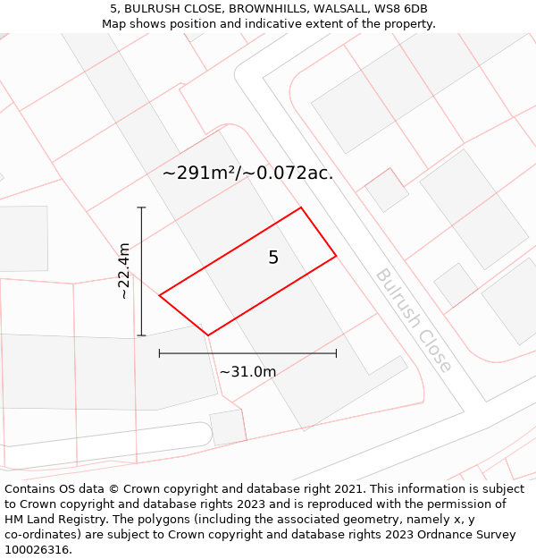 5, BULRUSH CLOSE, BROWNHILLS, WALSALL, WS8 6DB: Plot and title map