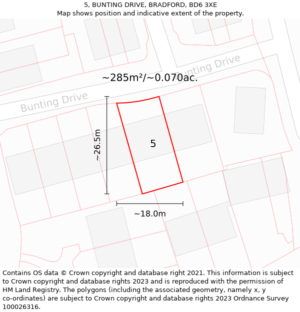 5, BUNTING DRIVE, BRADFORD, BD6 3XE: Plot and title map