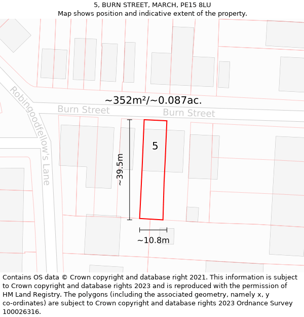 5, BURN STREET, MARCH, PE15 8LU: Plot and title map