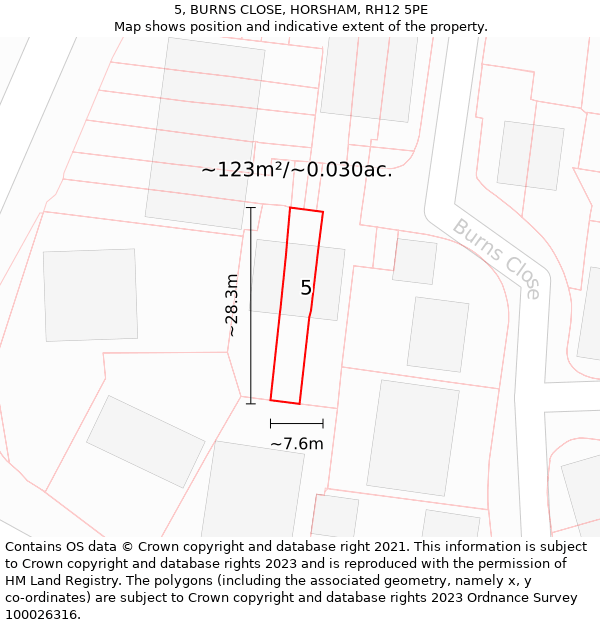 5, BURNS CLOSE, HORSHAM, RH12 5PE: Plot and title map