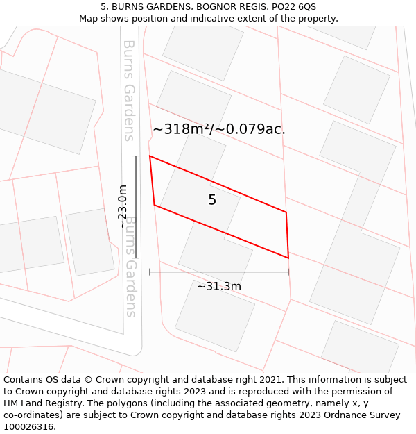 5, BURNS GARDENS, BOGNOR REGIS, PO22 6QS: Plot and title map