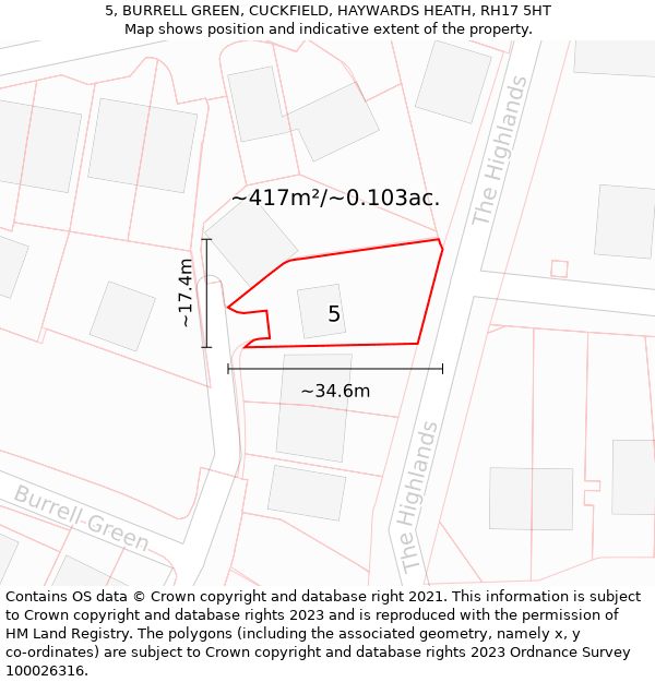 5, BURRELL GREEN, CUCKFIELD, HAYWARDS HEATH, RH17 5HT: Plot and title map