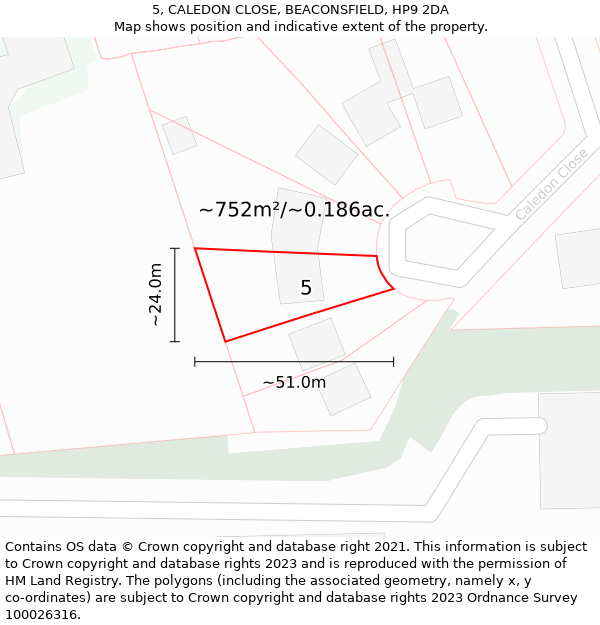 5, CALEDON CLOSE, BEACONSFIELD, HP9 2DA: Plot and title map