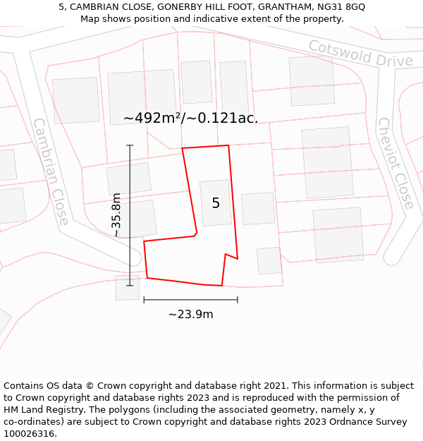 5, CAMBRIAN CLOSE, GONERBY HILL FOOT, GRANTHAM, NG31 8GQ: Plot and title map