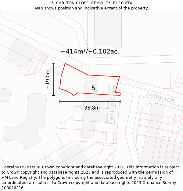 5, CARLTON CLOSE, CRAWLEY, RH10 6TX: Plot and title map