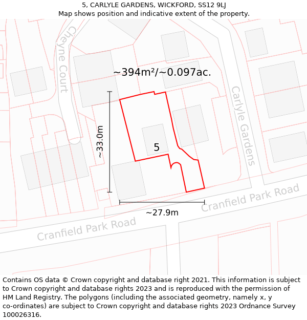 5, CARLYLE GARDENS, WICKFORD, SS12 9LJ: Plot and title map