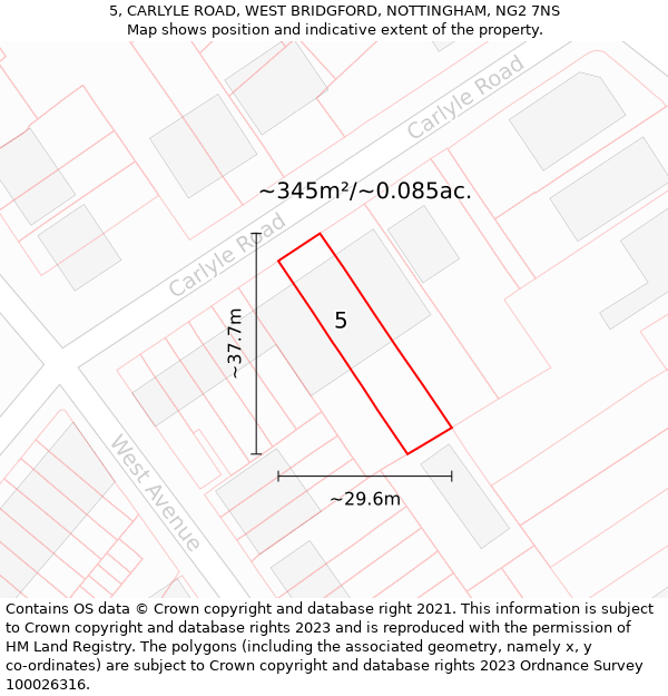 5, CARLYLE ROAD, WEST BRIDGFORD, NOTTINGHAM, NG2 7NS: Plot and title map
