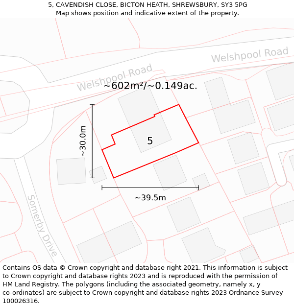 5, CAVENDISH CLOSE, BICTON HEATH, SHREWSBURY, SY3 5PG: Plot and title map