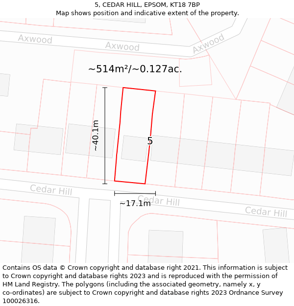 5, CEDAR HILL, EPSOM, KT18 7BP: Plot and title map