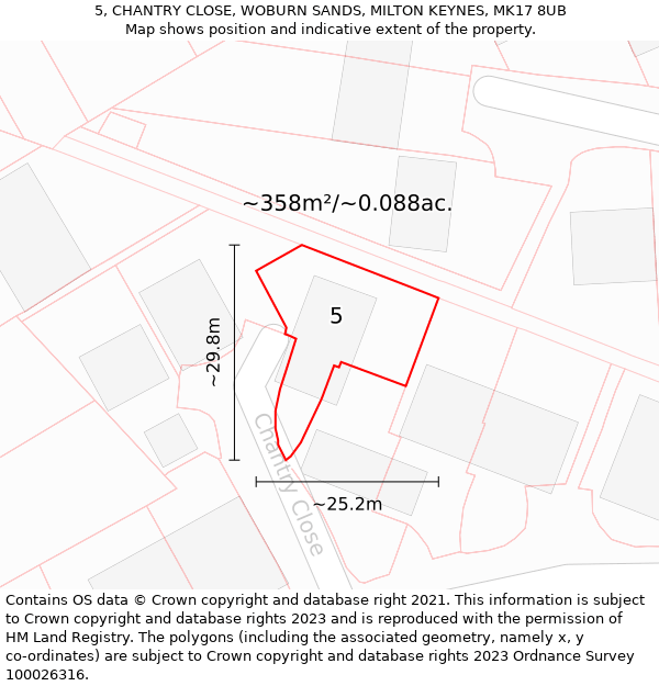 5, CHANTRY CLOSE, WOBURN SANDS, MILTON KEYNES, MK17 8UB: Plot and title map