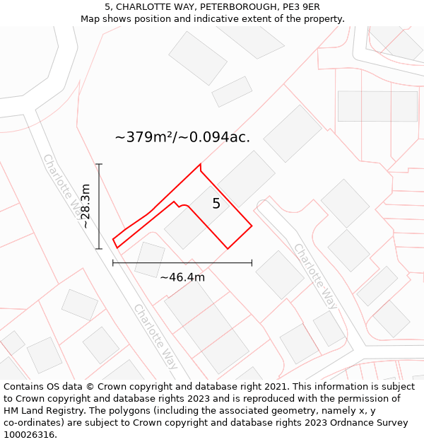 5, CHARLOTTE WAY, PETERBOROUGH, PE3 9ER: Plot and title map