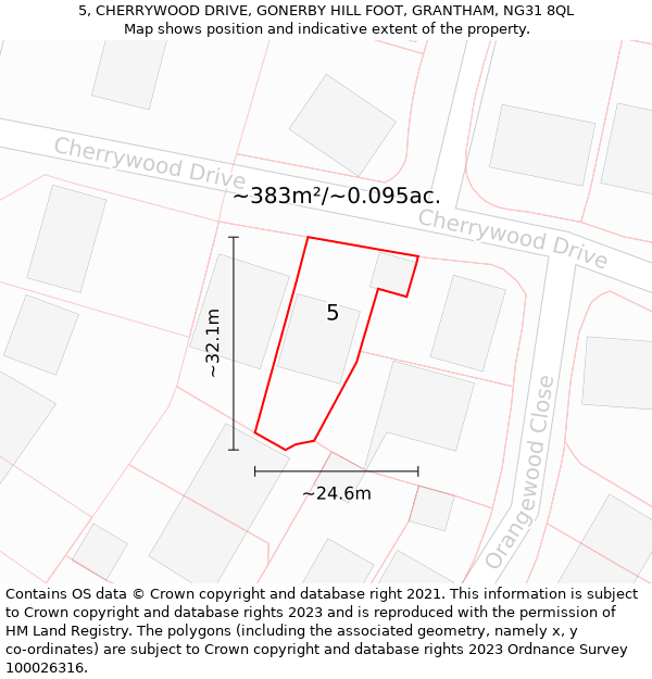 5, CHERRYWOOD DRIVE, GONERBY HILL FOOT, GRANTHAM, NG31 8QL: Plot and title map