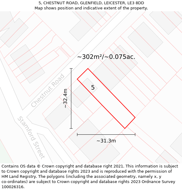 5, CHESTNUT ROAD, GLENFIELD, LEICESTER, LE3 8DD: Plot and title map