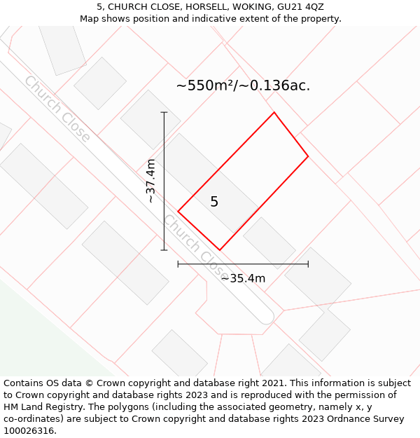 5, CHURCH CLOSE, HORSELL, WOKING, GU21 4QZ: Plot and title map