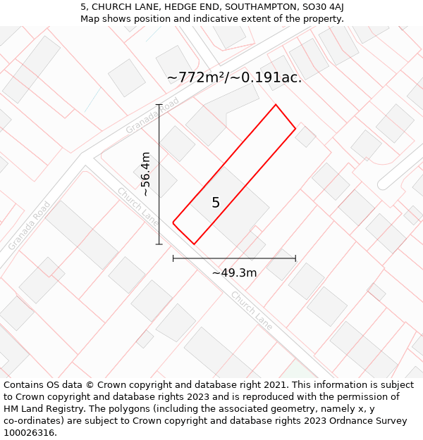 5, CHURCH LANE, HEDGE END, SOUTHAMPTON, SO30 4AJ: Plot and title map