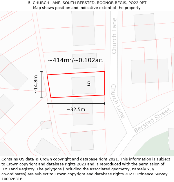 5, CHURCH LANE, SOUTH BERSTED, BOGNOR REGIS, PO22 9PT: Plot and title map