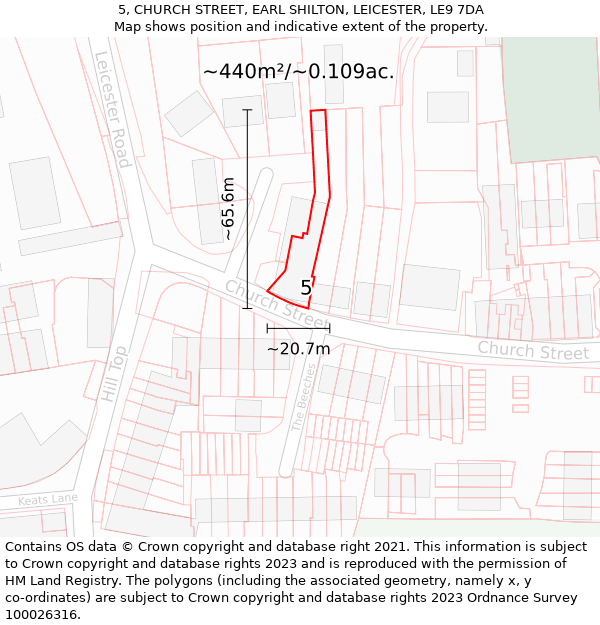 5, CHURCH STREET, EARL SHILTON, LEICESTER, LE9 7DA: Plot and title map