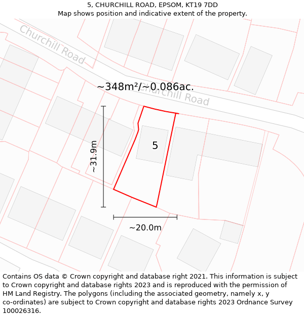 5, CHURCHILL ROAD, EPSOM, KT19 7DD: Plot and title map