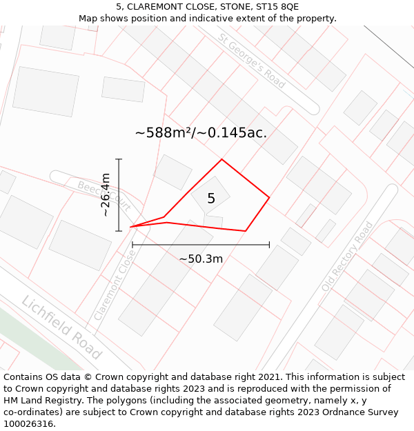 5, CLAREMONT CLOSE, STONE, ST15 8QE: Plot and title map