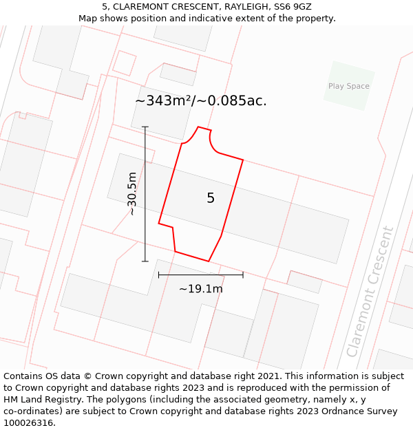 5, CLAREMONT CRESCENT, RAYLEIGH, SS6 9GZ: Plot and title map