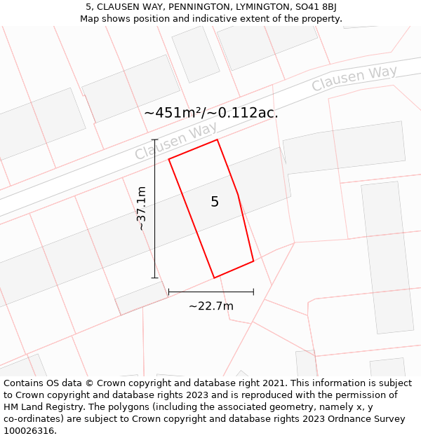 5, CLAUSEN WAY, PENNINGTON, LYMINGTON, SO41 8BJ: Plot and title map