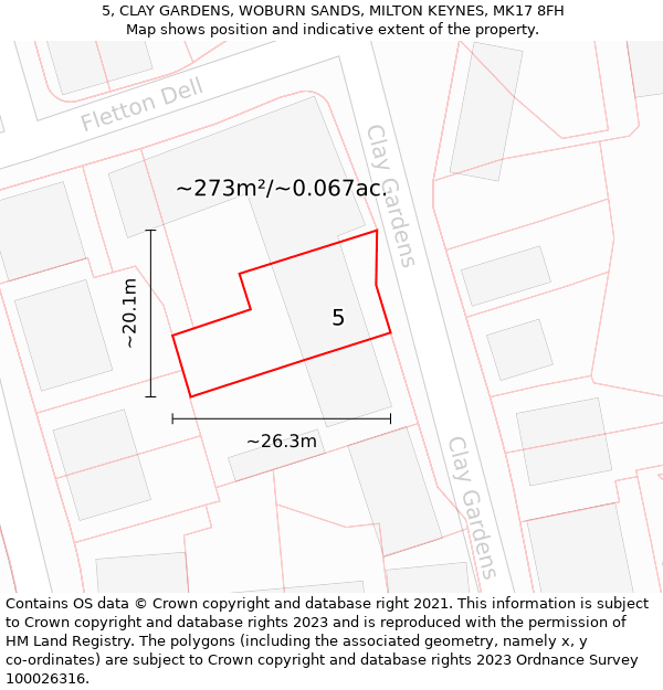 5, CLAY GARDENS, WOBURN SANDS, MILTON KEYNES, MK17 8FH: Plot and title map