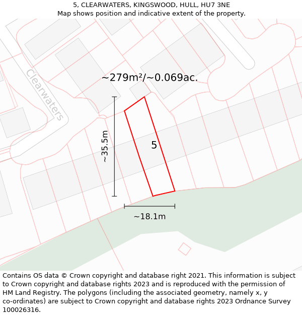 5, CLEARWATERS, KINGSWOOD, HULL, HU7 3NE: Plot and title map