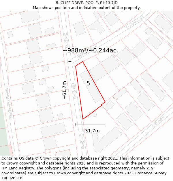 5, CLIFF DRIVE, POOLE, BH13 7JD: Plot and title map