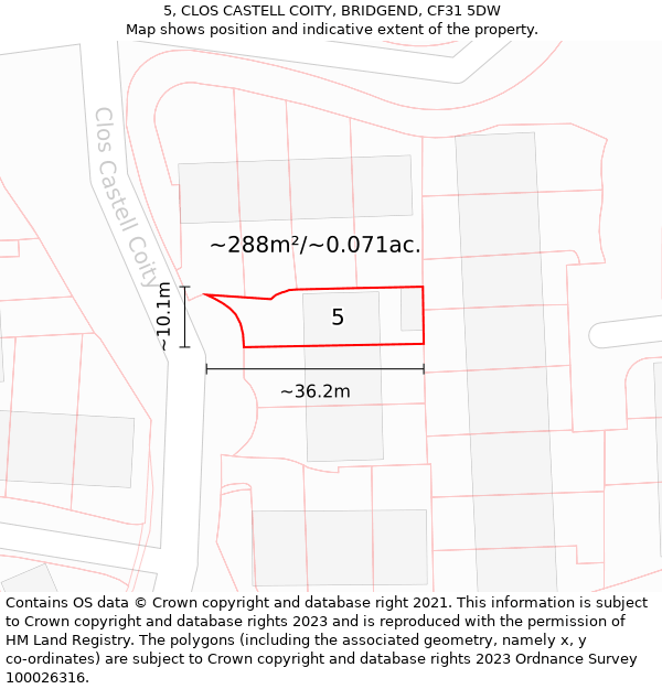 5, CLOS CASTELL COITY, BRIDGEND, CF31 5DW: Plot and title map