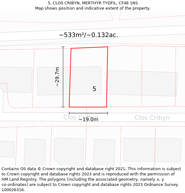 5, CLOS CRIBYN, MERTHYR TYDFIL, CF48 1NS: Plot and title map