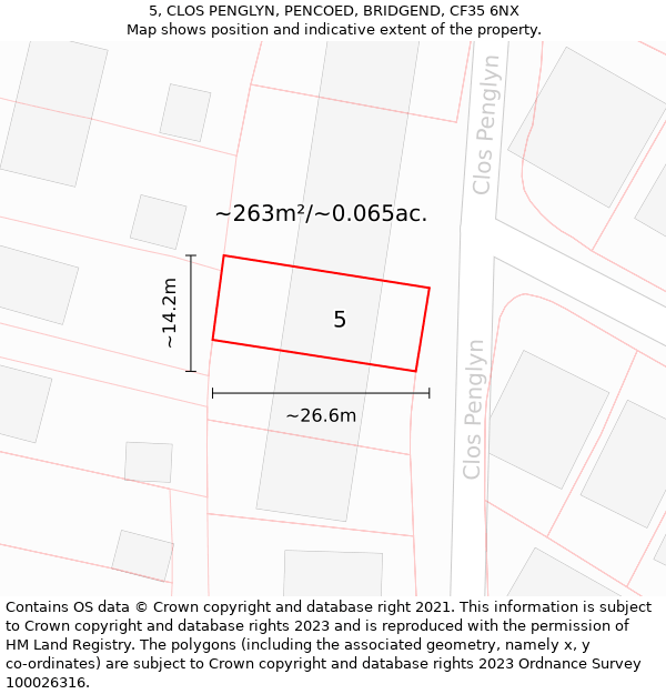 5, CLOS PENGLYN, PENCOED, BRIDGEND, CF35 6NX: Plot and title map