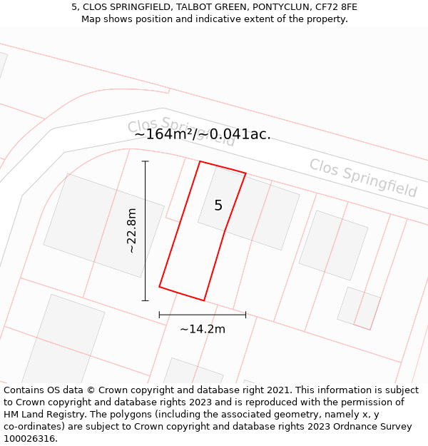 5, CLOS SPRINGFIELD, TALBOT GREEN, PONTYCLUN, CF72 8FE: Plot and title map