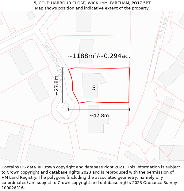 5, COLD HARBOUR CLOSE, WICKHAM, FAREHAM, PO17 5PT: Plot and title map