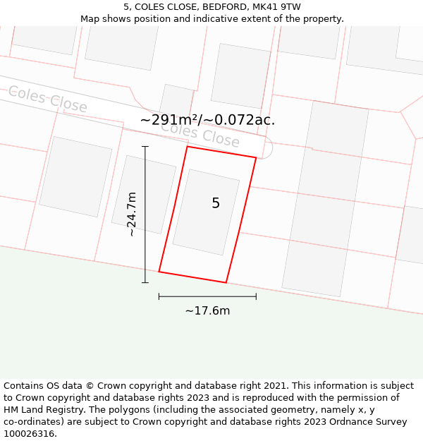 5, COLES CLOSE, BEDFORD, MK41 9TW: Plot and title map