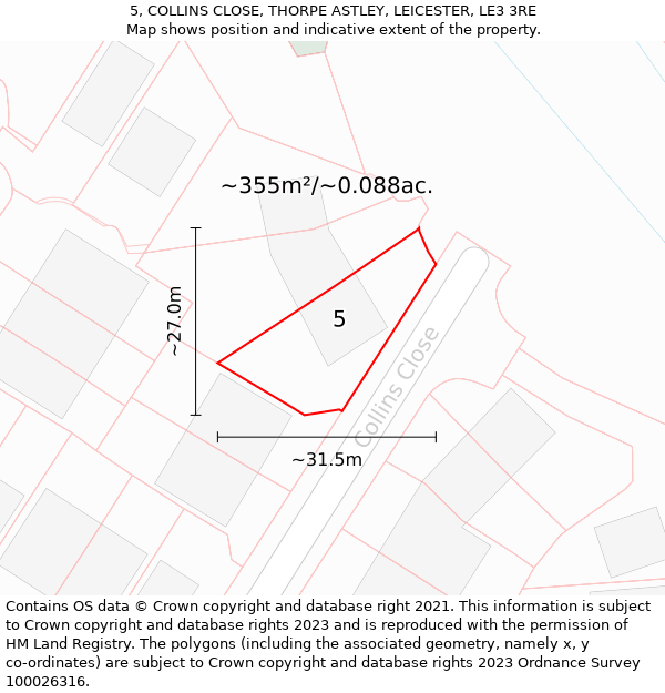5, COLLINS CLOSE, THORPE ASTLEY, LEICESTER, LE3 3RE: Plot and title map