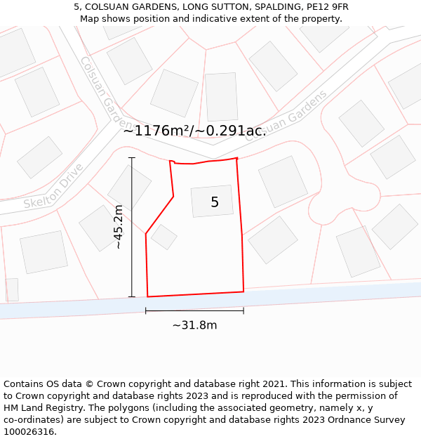 5, COLSUAN GARDENS, LONG SUTTON, SPALDING, PE12 9FR: Plot and title map