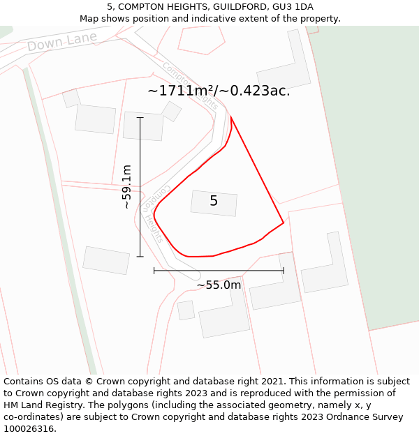 5, COMPTON HEIGHTS, GUILDFORD, GU3 1DA: Plot and title map