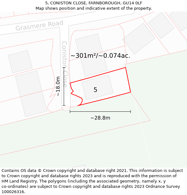 5, CONISTON CLOSE, FARNBOROUGH, GU14 0LF: Plot and title map