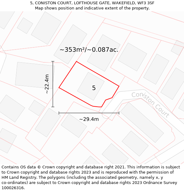 5, CONISTON COURT, LOFTHOUSE GATE, WAKEFIELD, WF3 3SF: Plot and title map