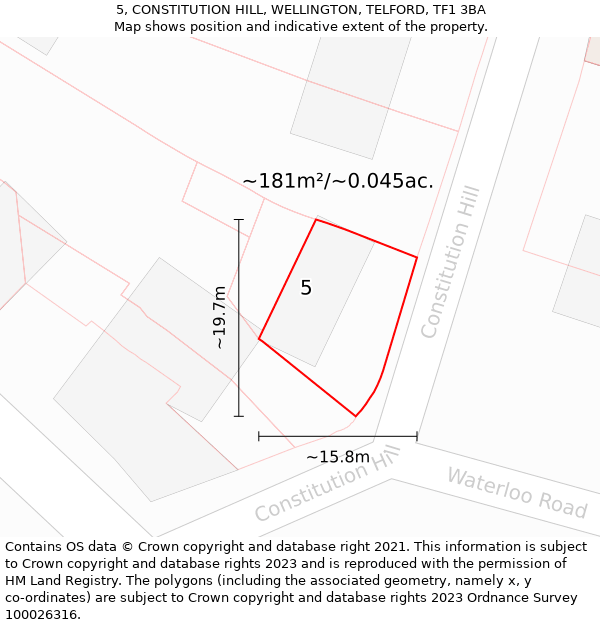 5, CONSTITUTION HILL, WELLINGTON, TELFORD, TF1 3BA: Plot and title map