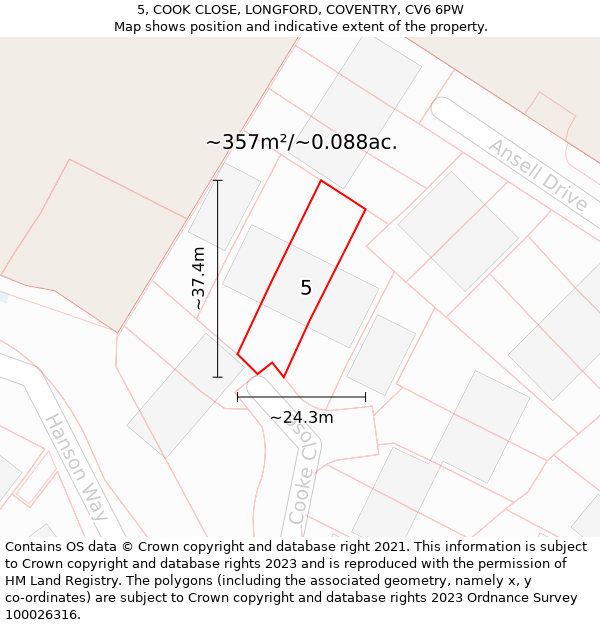 5, COOK CLOSE, LONGFORD, COVENTRY, CV6 6PW: Plot and title map