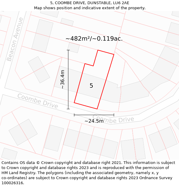 5, COOMBE DRIVE, DUNSTABLE, LU6 2AE: Plot and title map